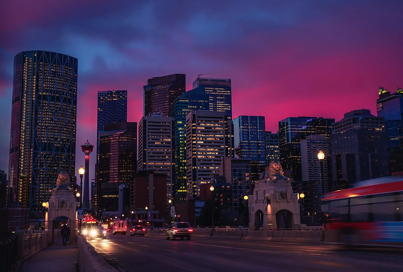 A Canadian city skyline at sunset